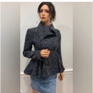 Free People Patricia Peplum Tweed Double Breasted Blue Black Tweed Pea Coat Size
